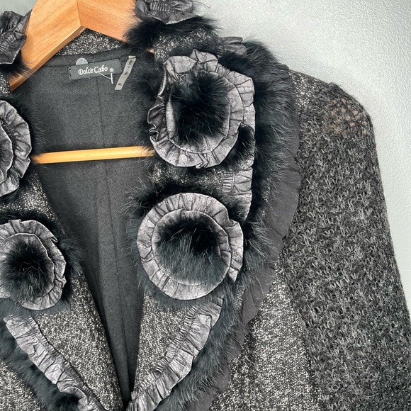 NWT Dolce Cabo Rabbit Fur Trimmed Elegant Floral Embellished Long Cardigan - Picture 6 of 14